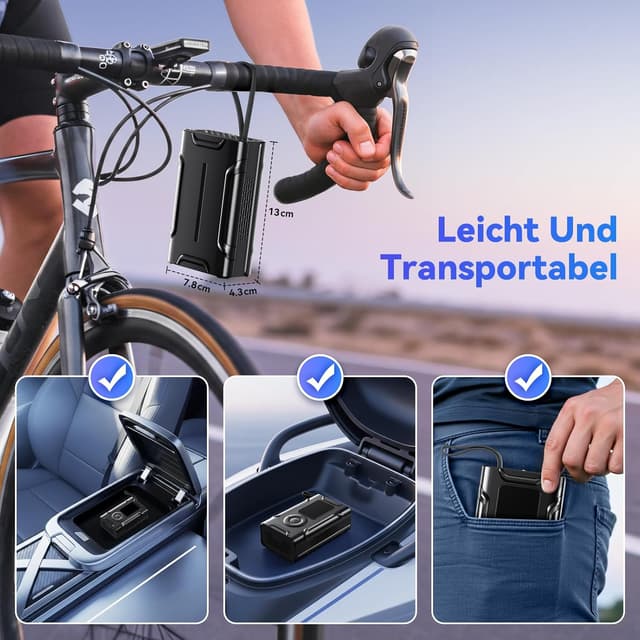 Detalle 2 de Kabellose elektrische Luftpumpe (Akku-Kompressor) für Fahrrad, Auto und Motorrad – 150 PSI, digital mit Sensor