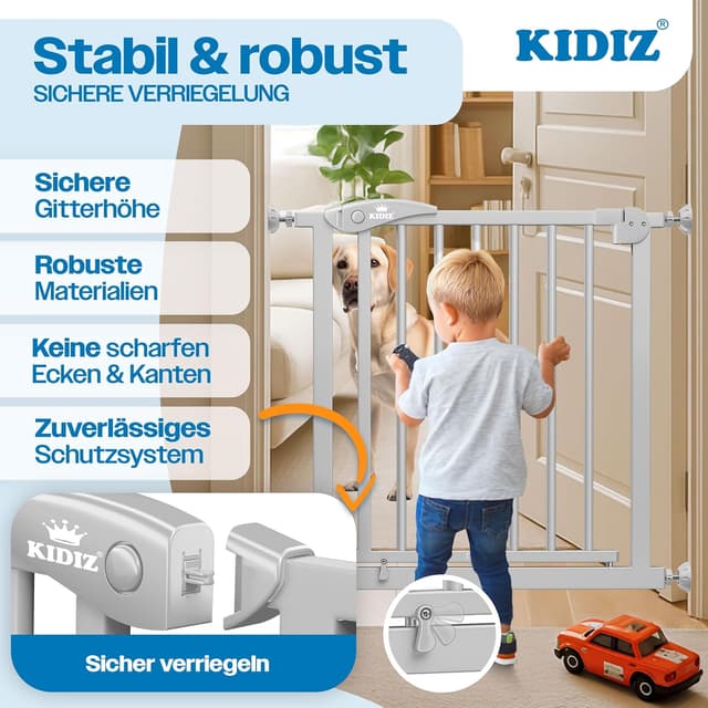 Detalle de KIDIZ Treppenschutzgitter ohne Bohren, verstellbare Breite 88–94 cm, 75 cm hoch (Grau)
