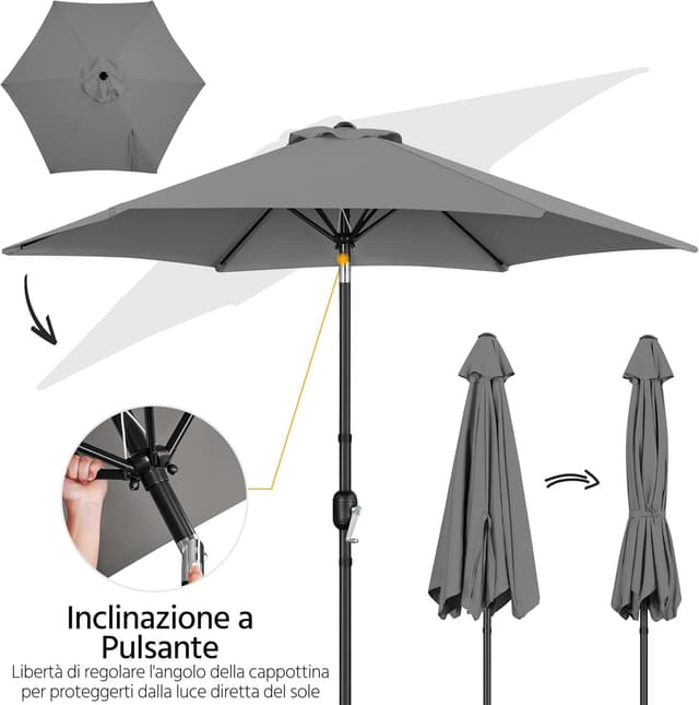Detalle 2 de Yaheetech ombrellone da giardino 269 cm con 6 stecche, inclinabile e protezione UV (grigio)