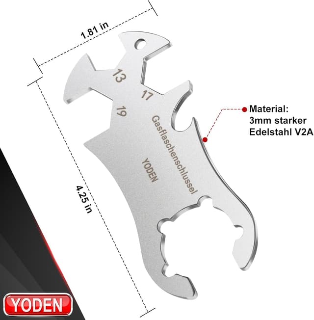 Detalle 2 de Edelstahl Gasflaschenschlüssel mit Flaschenöffner – Multi-Funktion für 13/17/19 mm