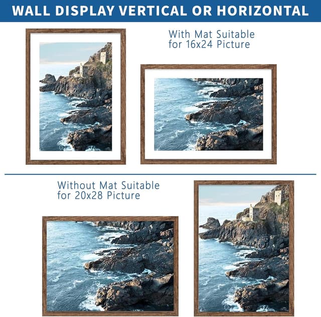 Detalle 2 de Hongkee 20x28 Picture Frame Set of 2 (Rustic Black Wood Style) for 16x24 Photos With Mat or 20x28 Posters