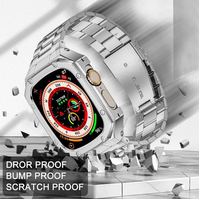 Detalle de BAITEYOU Stainless Steel Watch Band with Case for Apple Watch Ultra 3/2/1 (49mm) — Rugged Metal Bumper Strap, Silver