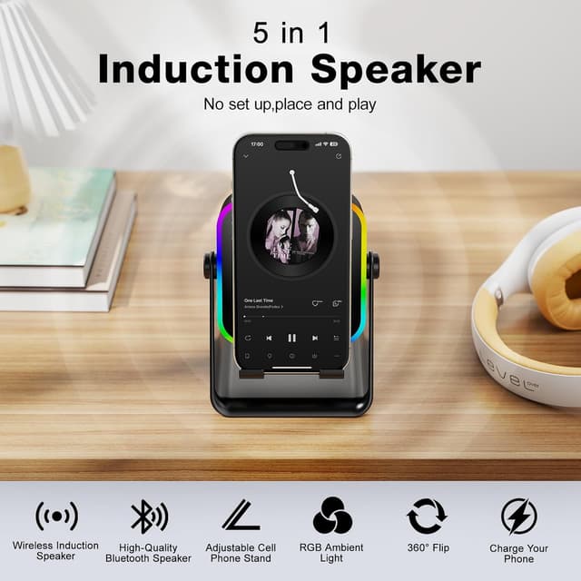 Detalle 2 de Wireless Induction Audio Bluetooth Speaker (Square, Black) with RGB & Phone Stand