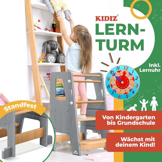 Detalle de KIDIZ Lernturm für Kinder ab 1 Jahr inkl. Lernuhr – höhenverstellbarer Montessori Learning Tower aus Kiefernholz