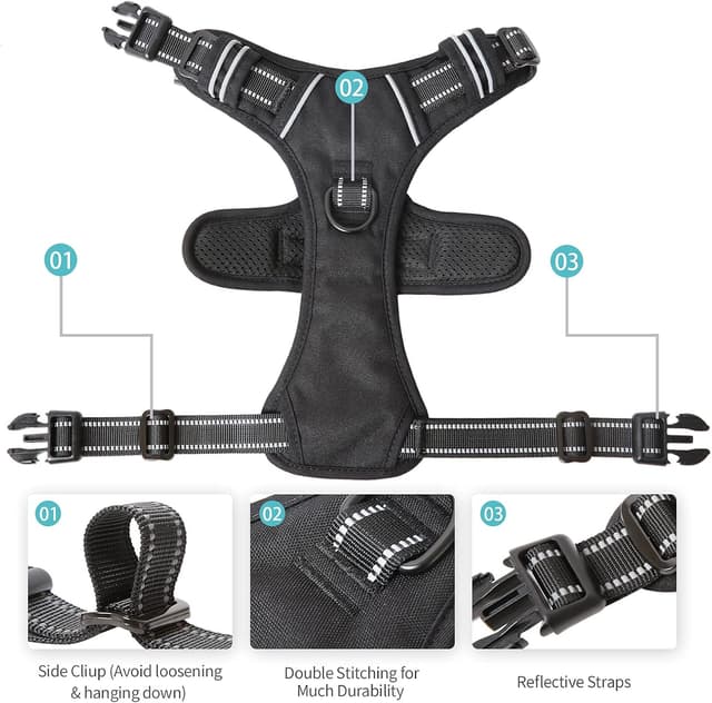 Detalle 2 de HEELE Hundegeschirr ohne Zug (No-Pull) mit reflektierenden Streifen, Schwarz – einstellbar, gepolsterter Griff, Größe S