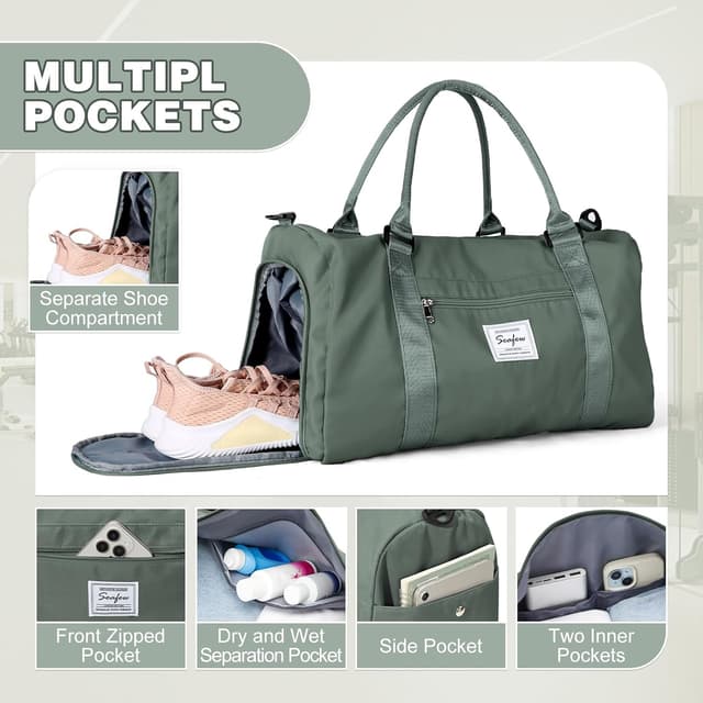 Detalle de WEPLAN Waterproof Gym Bag with Wet Pocket and Separate Shoe Compartment – Army Green