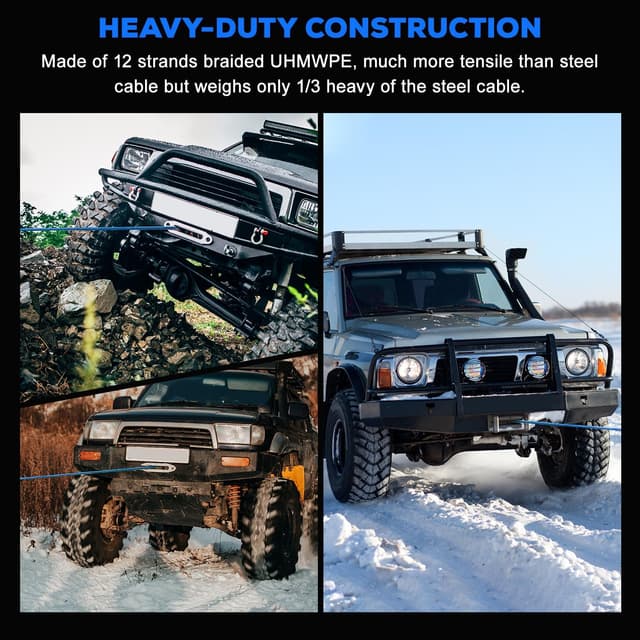 Detalle de Synthetic Winch Rope Kit (3/8" x 92ft) w/ 26,500LBS Break Strength, Blue Rope + Protective Sleeve