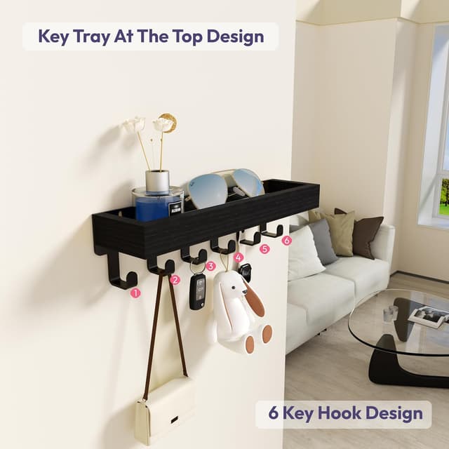 Detalle 2 de SWTYMIKI Key Holder with Wood Tray and 6 Hooks