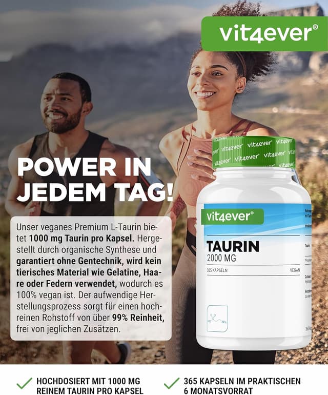 Detalle de vit4ever Taurin 365 Kapseln – 2000 mg Tagesdosis (2 Kapseln), vegan