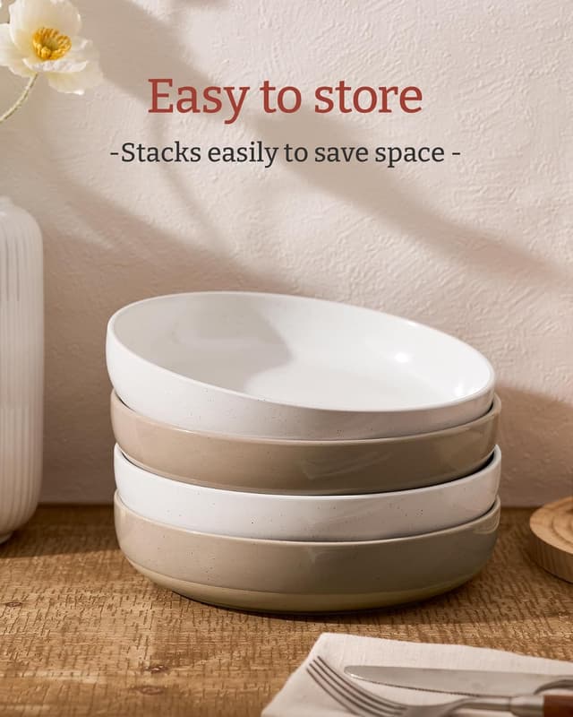 Detalle de famiware Milkyway 33 oz Bowl Set (Set of 4) — Pasta & Salad Bowls, Double Reactive Glaze, Stackable, White & Cinnamon Brown