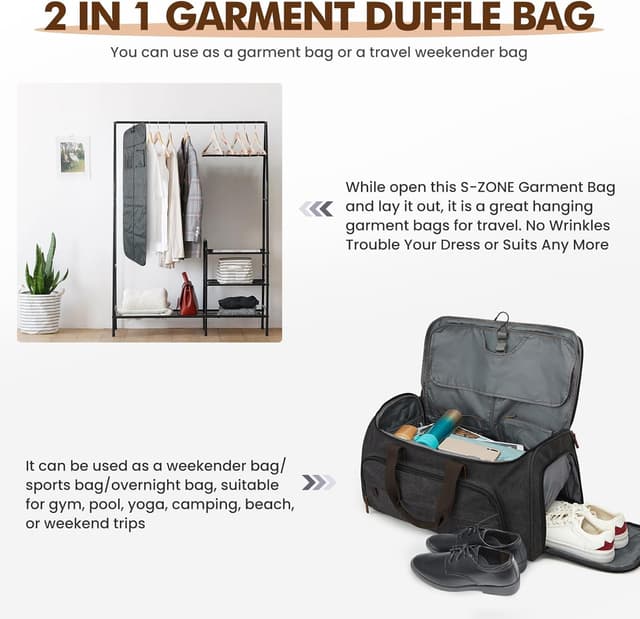 Detalle de S-ZONE 60L 3 in 1 borsa per vestiti convertibile con astuccio da toilette