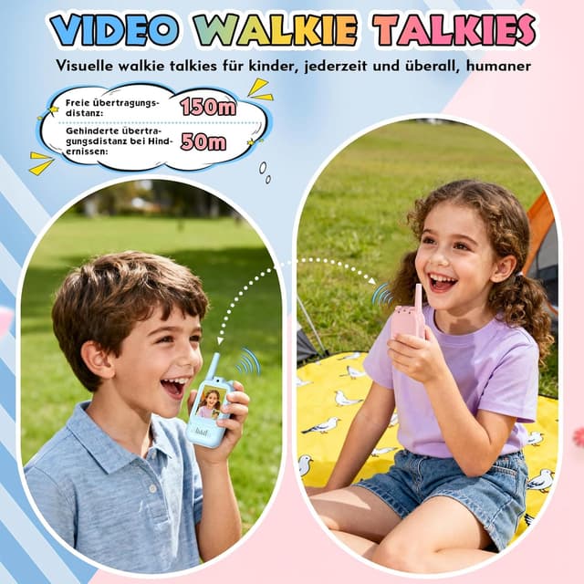 Detalle 2 de Video Walkie Talkie Kinder-Set (2er Set) – 5 km Reichweite, aufladbar, Video- & HD-Audio für 3–12 Jahre (Blau+Rosa)