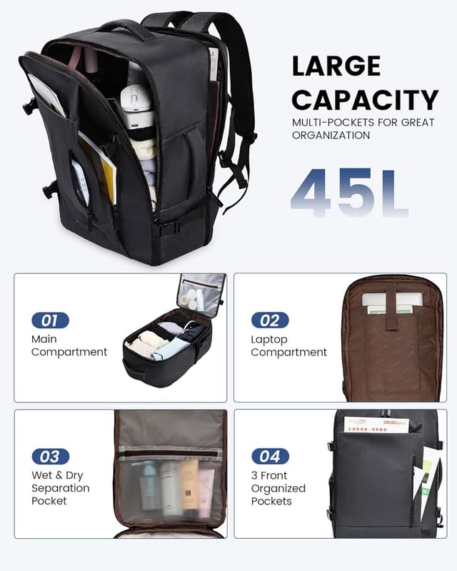 Detalle de LOVEVOOK Sac à dos voyage grand 45L – sac cabine imperméable pour ordinateur jusqu’à 18 pouces, ouverture 180° (noir)