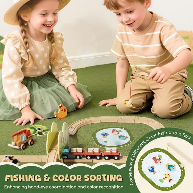 Detalle 2 de Lehoo Castle Wooden Train Set (72 pcs) – Farm-themed magnetic crane wooden tracks for ages 3–6