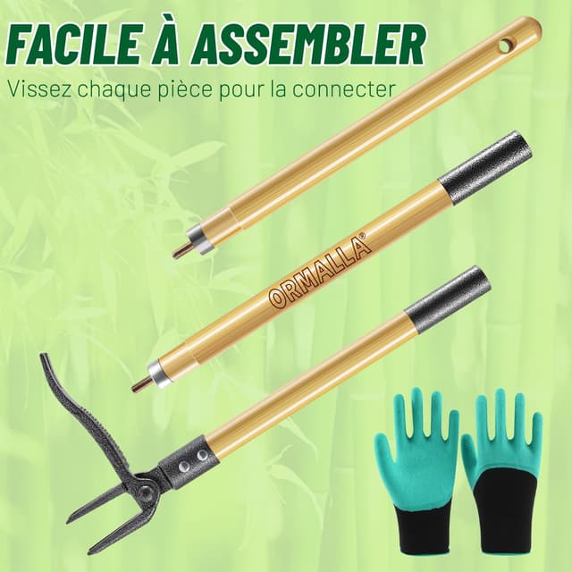 Thumbnail 6 de Ormalla Désherbeur manuel 1,1 m à arracher le pissenlit, manche en bambou naturel et 4 griffes métalliques