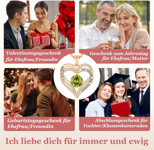 Detalle de CDE Damen-Halskette mit Herz-Anhänger, 925 Silber oder Messing, mit Zirkonia und Geburtsstein-Farben