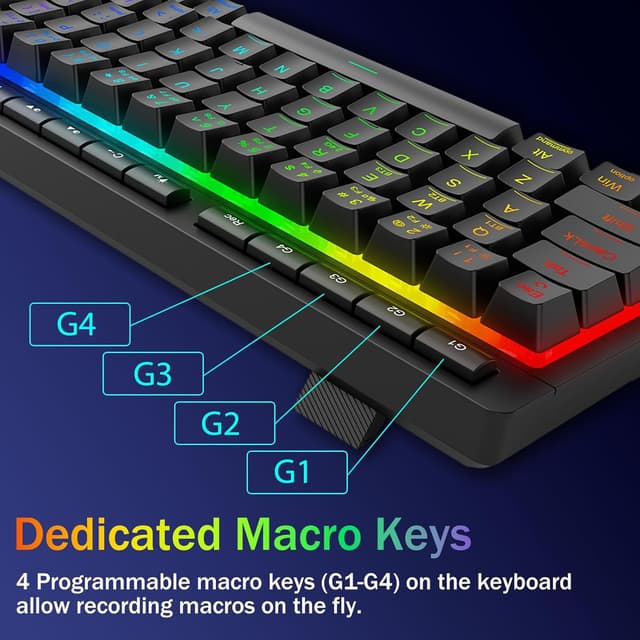 Detalle de Redragon Wireless Gaming Keyboard (Tri-Mode Bluetooth/2.4GHz/USB-C) – 60% Mini RGB Macro Keyboard