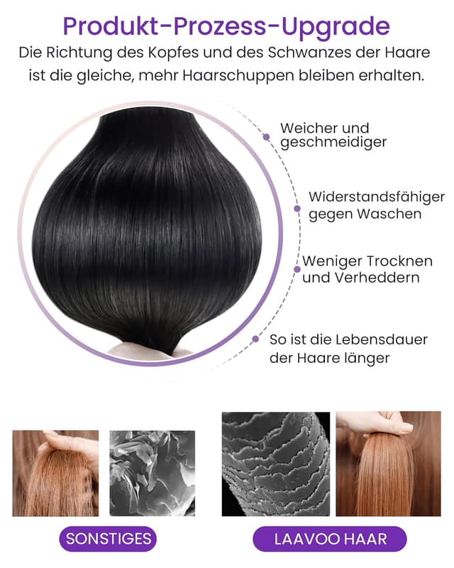 Detalle 2 de LaaVoo Tape Extensions Echthaar Schwarz 45 cm (20 Stück, 50 g) – Tape-in Echthaar für natürliche Längen