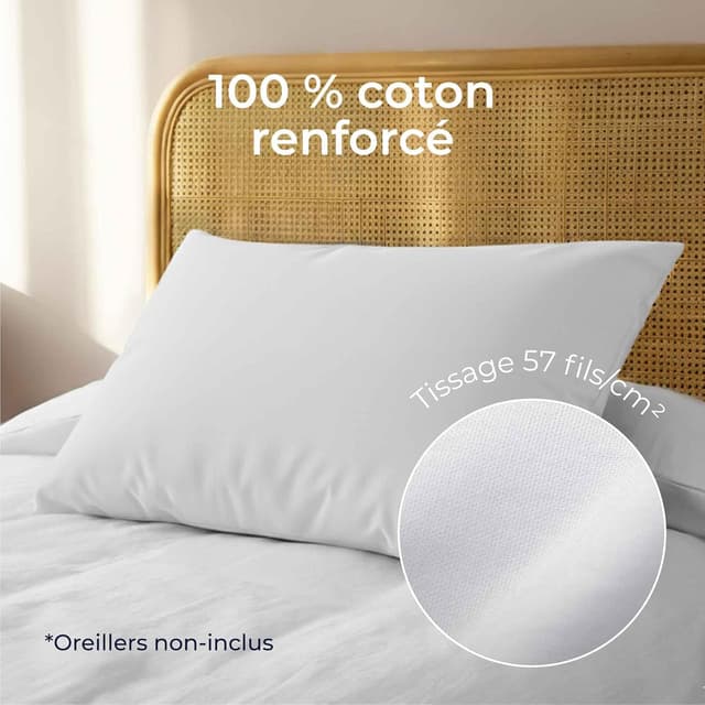 Detalle de Dreamzie Taies d’oreiller 50x70 en coton renforcé (lot de 2) blanc, tissage serré 57 fils/cm², certifié Oeko-Tex