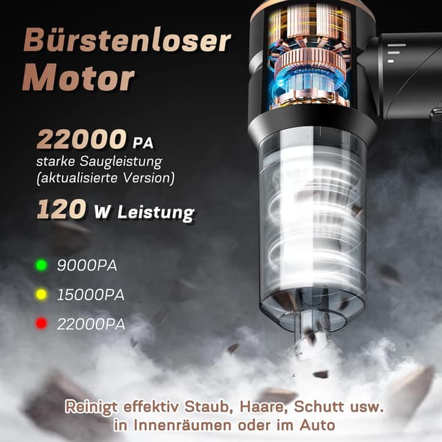 Detalle de MILFECH 4-in-1 Akku-Handstaubsauger (22.000 Pa, 3 Modi) für Auto, Haus & Tierhaare – kabellos