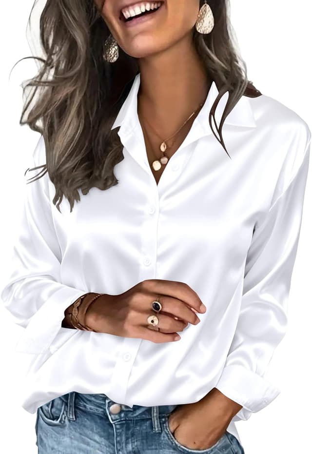 Detalle de Zeagoo Women’s Satin Button-Up Long-Sleeve Shirt Blouse