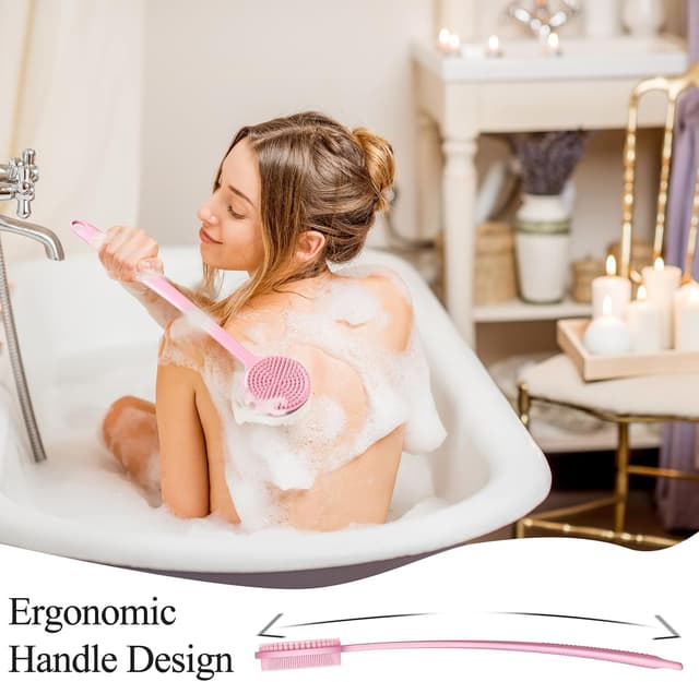 Detalle 2 de Silicone Body Scrubber – Exfoliating Back Scrubber with Long Handle, Double Sided (Pink)