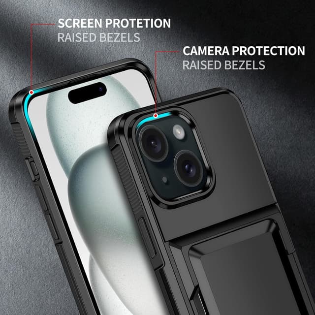 Detalle de Aolcev iPhone 15 Case with Card Holder (up to 4 cards) – dual-layer shockproof wallet cover, Black