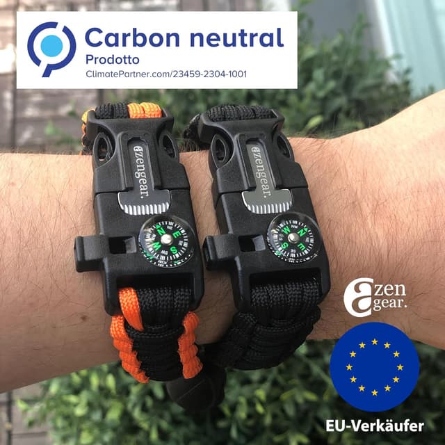 Detalle de Braccialetto Sopravvivenza in Paracord (coppia) con accendifuoco, fischietto e bussola – Kit di emergenza nero e arancione