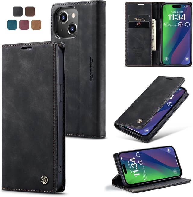 Detalle de Cracedily iPhone 15 Wallet Case with Flip Leather Cover, Card Slots & Magnetic Closure (Black)