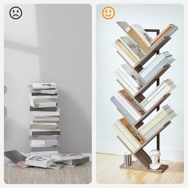 Detalle 2 de HOOBRO EBG08SJ01G1 Tall 9-Tier Tree Bookshelf (Greige & Black) for CDs, Albums and Books