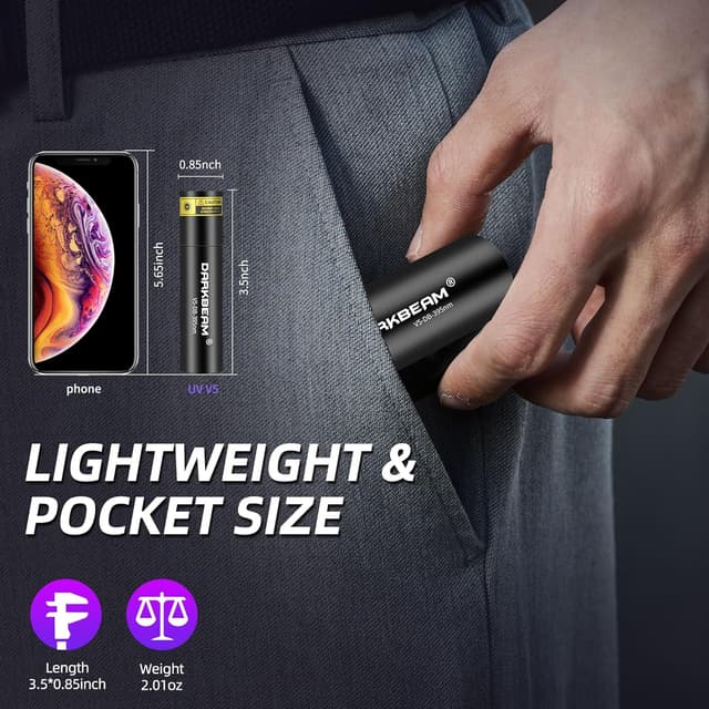 Detalle de DARKBEAM 395 NM UV Flashlight (USB-C Rechargeable) – handheld Wood’s lamp for UV fluorescence, resin curing & pet urine detection