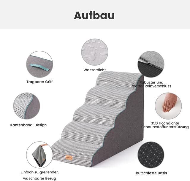 Detalle de Gardner Pet Hundetreppe für kleine Hunde (58 cm) – 5 Stufen aus 35D-Schaumstoff