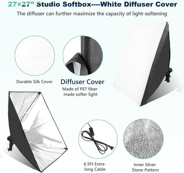 Detalle de Torjim Softbox Photography Lighting Kit (2 Pack) 27" x 27" with 3000K–7500K LED Bulbs and Remote