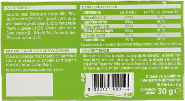 Detalle de Equilibra Integratori Alimentari Tisane digestiva alle erbe (finocchio, anice e menta), 3 confezioni da 15 filtri