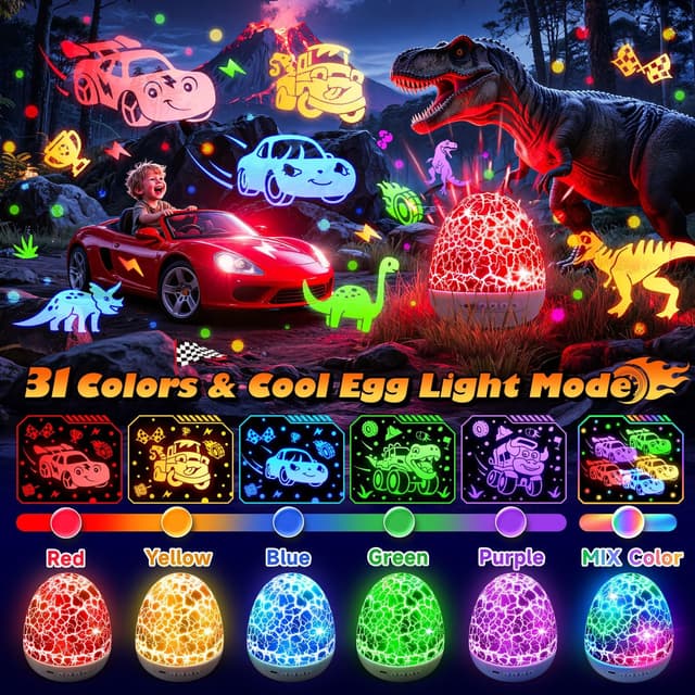 Detalle de Toy Cars Projector Egg Shaped Night Light with 6HD Films, Sounds, 31 Colors, Remote, and 360° Rotation