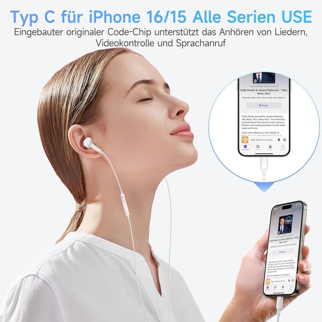Detalle 2 de suohong iPhone 17 Air USB‑C Kopfhörer mit Kabel (MFi-zertifiziert) – In‑Ear mit Mikrofon und Lautstärkeregler