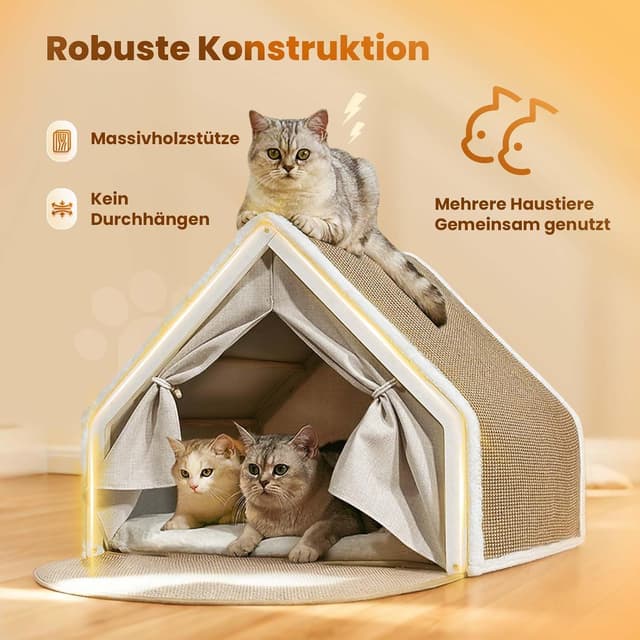 Detalle 2 de LUNNTE Katzenhaus „Katzenzelt Sisal Kratzhaus“ 2-in-1 aus Holz (Beige, 64x50x50)
