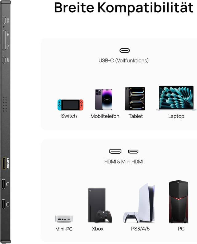 Detalle 2 de ARZOPA Portable Monitor 17,3 Zoll FHD IPS mit Standfuß – USB‑C & HDMI Zweitbildschirm für Laptop, PC, Smartphone, PS5, Xbox
