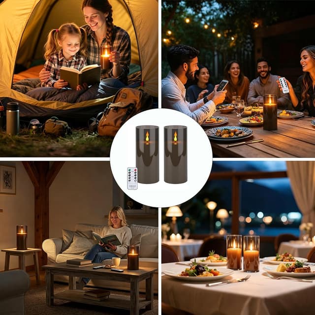 Detalle de YAOBLUESEA 2er Set LED-Stumpenkerzen Outdoor mit Timerfunktion (grau) – wasserdicht für Terrasse & Balkon