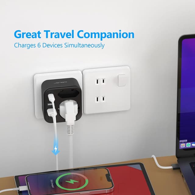 Detalle 2 de JSVER adattatore di viaggio internazionale 6 in 1 nero con 2 USB‑C e 2 USB‑A (spina Tipo A)