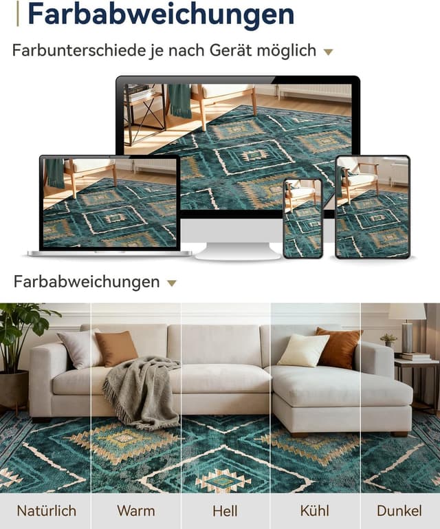 Detalle de Tapis de salon lavable en machine DEFYNEE 180 x 270 cm style marocain, bleu canard