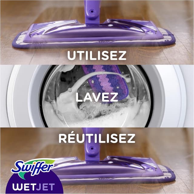 Detalle 2 de Swiffer WetJet – kit de démarrage pour sols (balai, lingette microfibre lavable, lingettes jetables, solution nettoyante)