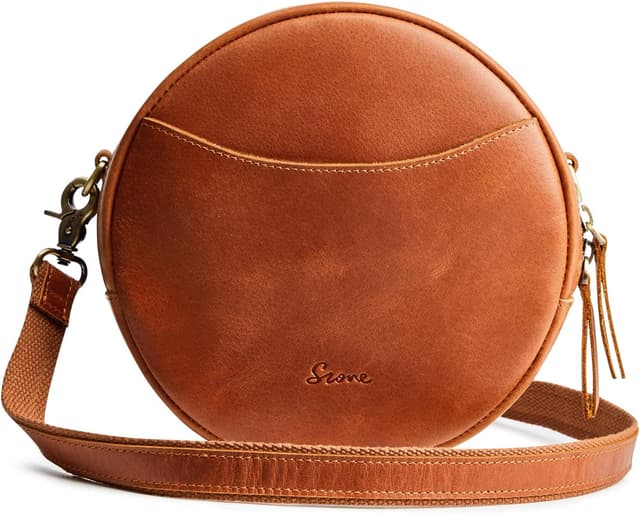 Detalle de S-ZONE leather circle crossbody bag for women with adjustable strap and multiple pockets