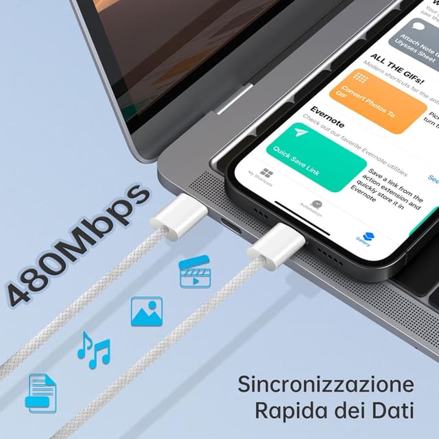 Detalle 2 de Cavo USB-C YISH USB C to USB C 60W PD 3A 1 m in nylon intrecciato