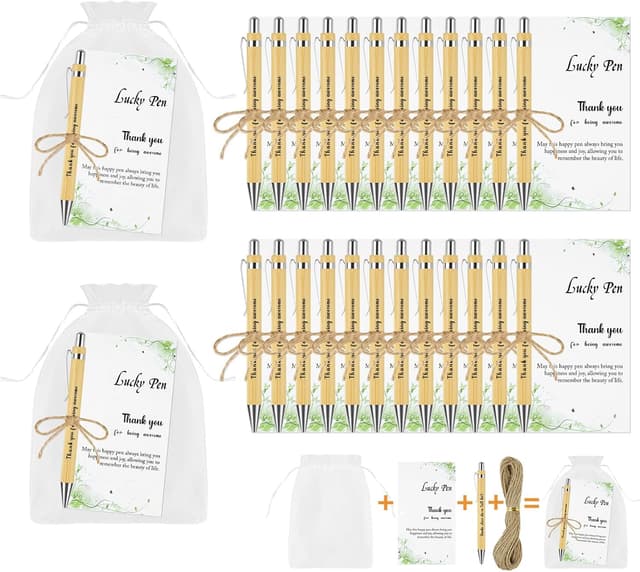 Detalle de OFFCUP Lot de 24 stylos à bille « Merci » en bambou, avec cartes et pochettes en organza