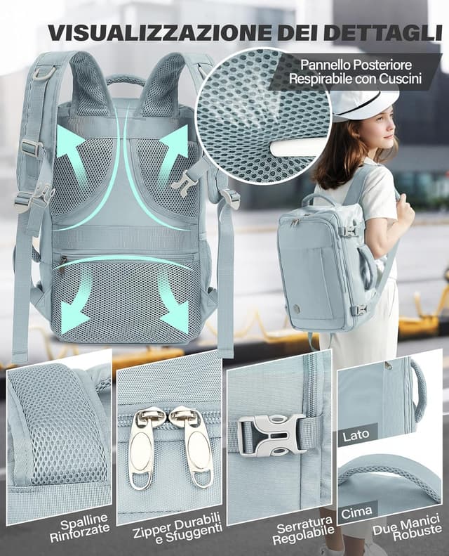 Detalle de VANKEV Zaino Ryanair 40x20x25 20L con porta PC fino a 14 pollici (azzurro)