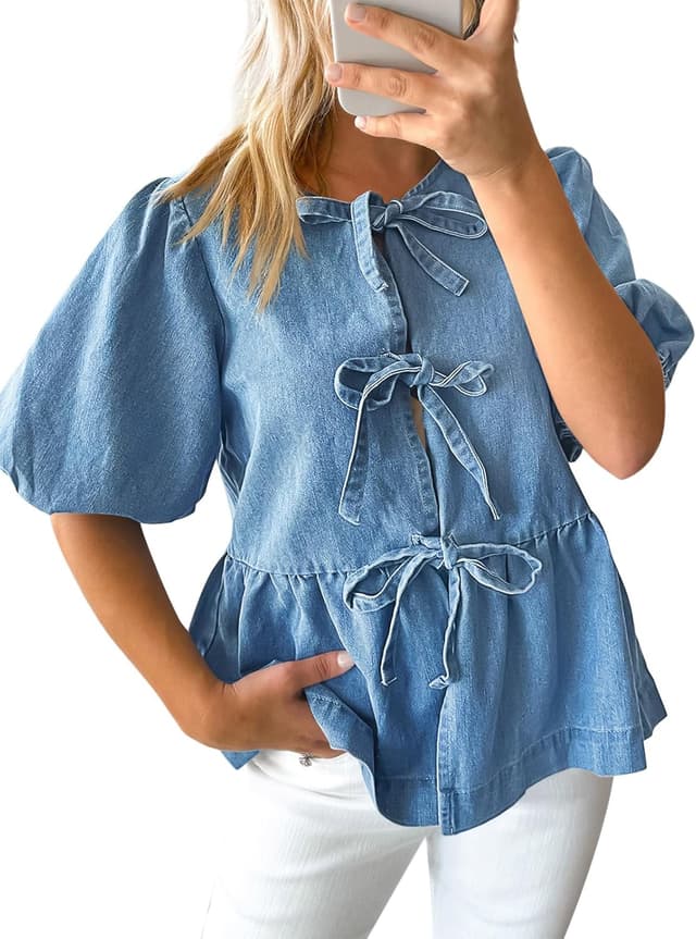 Detalle de Tankaneo Women’s Denim Tie Front Babydoll Peplum Puff Sleeve Jean Shirt