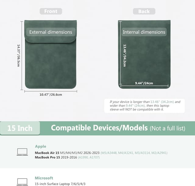 Detalle de HYZUO 15-inch laptop sleeve case bag in faux suede leather (Midnight Green)