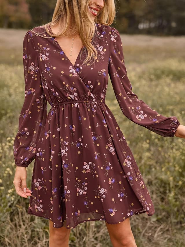 Detalle de Cupshe abito autunnale in chiffon da donna mini a trapezio con maniche lunghe a sbuffo e scollo a V