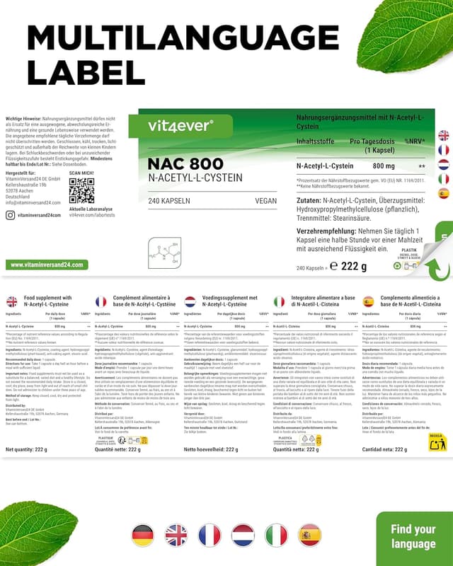 Thumbnail 6 de Vit4ever NAC 800 mg N-Acetyl L-Cystein 240 Kapseln